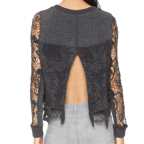 Free People Sweater Womens Size S Dark Grey Lace Sleeve Open Back Artsy Boho - Picture 3 of 15